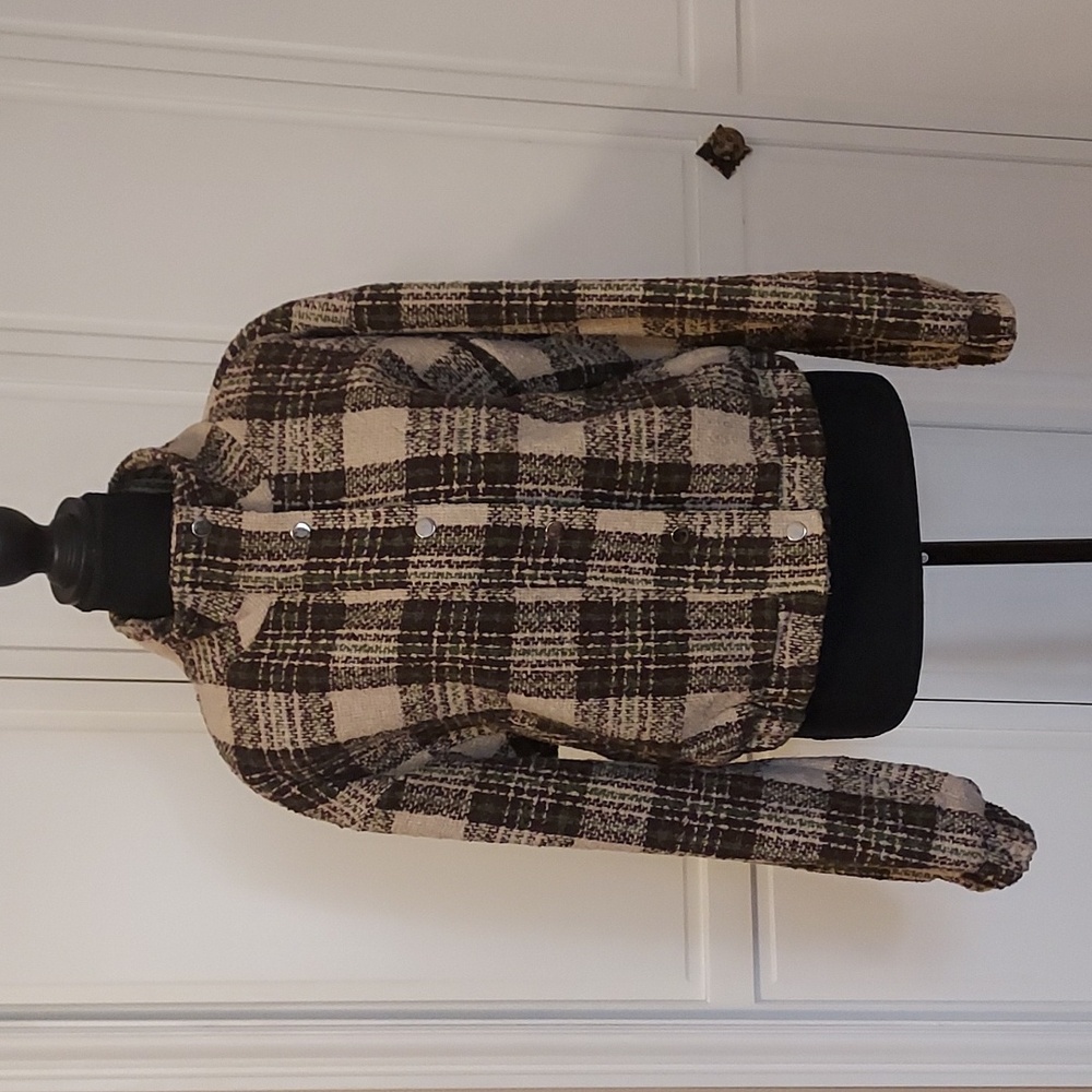 Brown Green Teddy Bomber Jacket Cropped Fit Elastic Cuff Size M